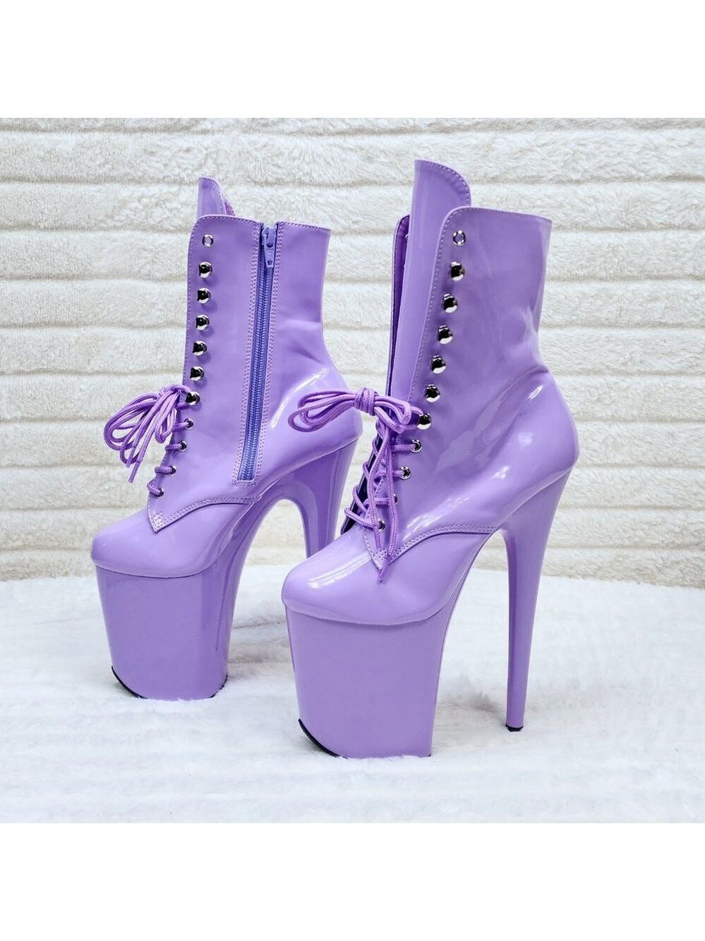 Lavender Lilac Purple Patent Platform 8" Heel Lace Up Ankle Boots Flamingo